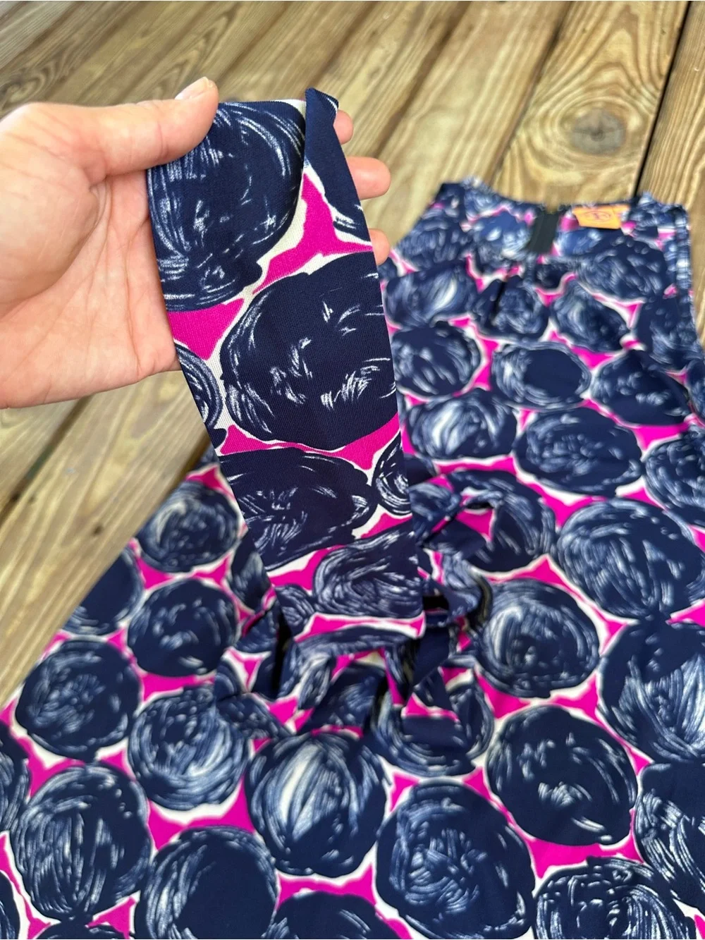 Tory Burch Abstract Print Tie Waist Midi Dress Navy Pink M NWOT
